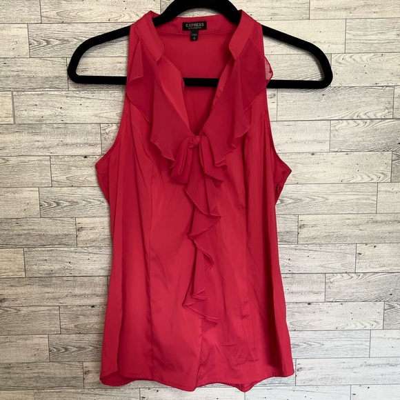 Express Elite Stretch Red Sleeveless  Ladies Jabot Top with Sheer Front Ruffle - Picture 1 of 13